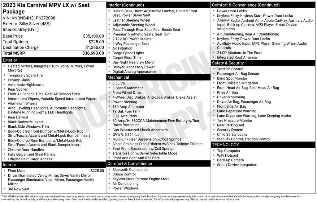 2023 Kia Carnival LX Seat Package